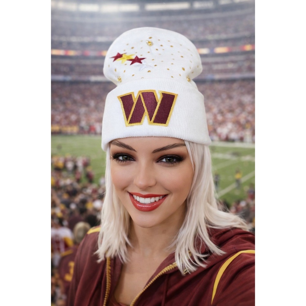 Washington Commanders White Beanie design with‎ logo, stars & rhinestones